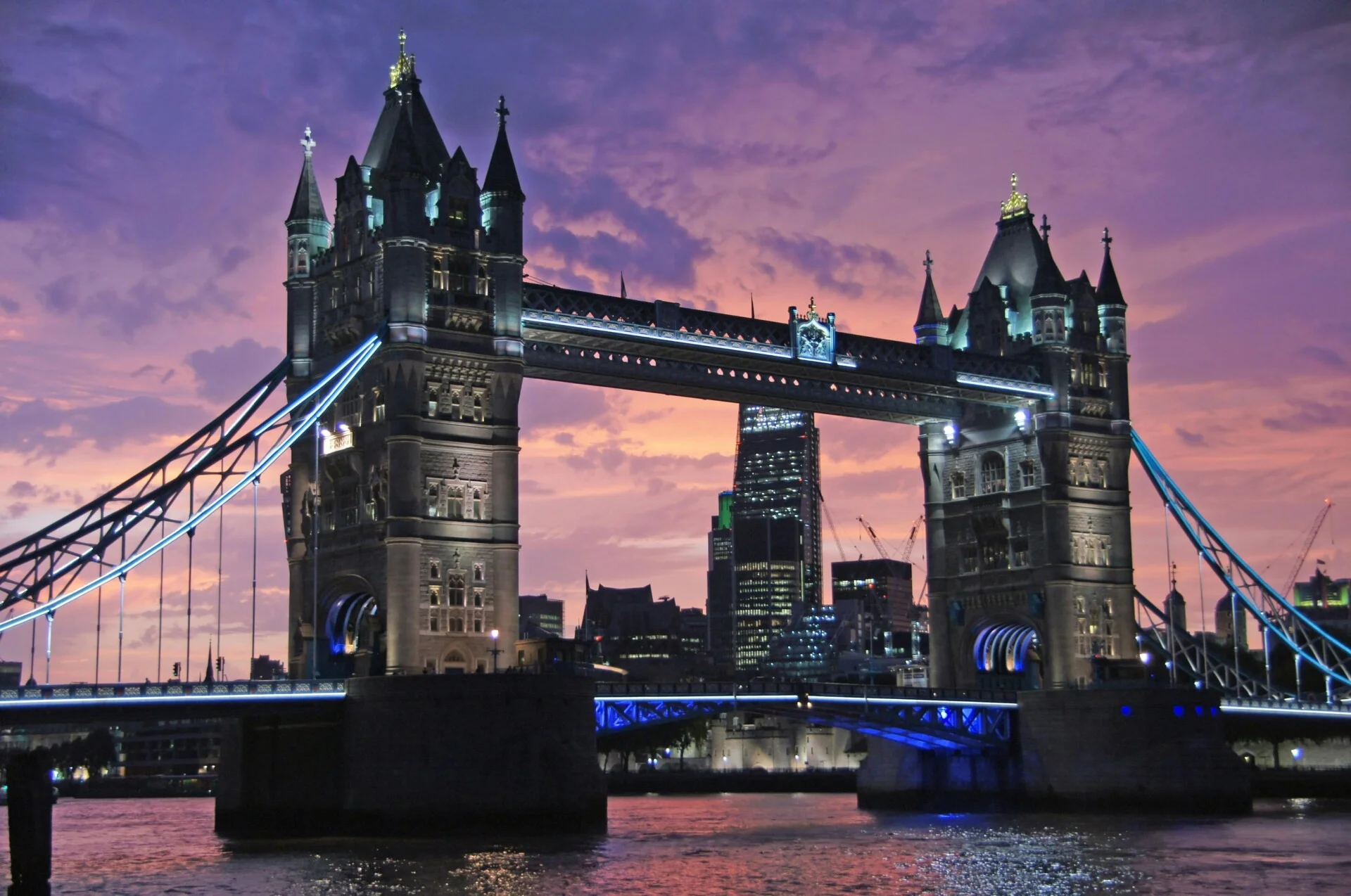 The Tower Bridge London with a purple sky backdrop